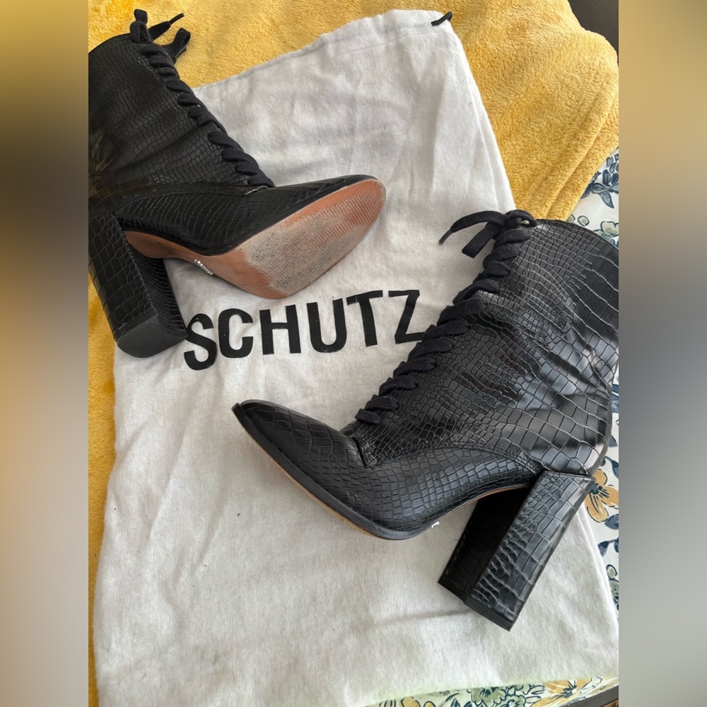 SCHUTZ Black Lace Up Boots with Chunky Heel